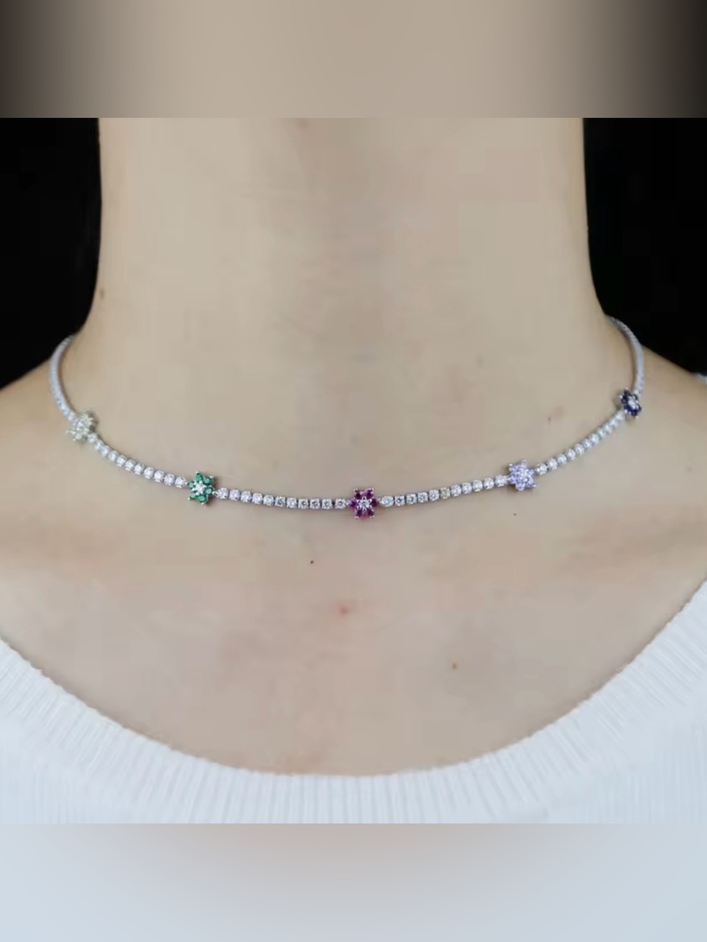 Target Silver Choker Necklace with Green, Purple, Pink and Blue Flower Accents
